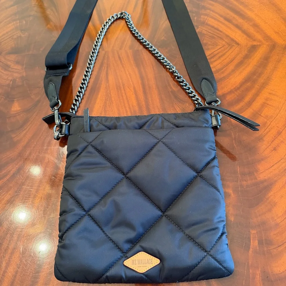 MZ Wallace Madison Flat Crossbody Black Quilted Nylon Bag